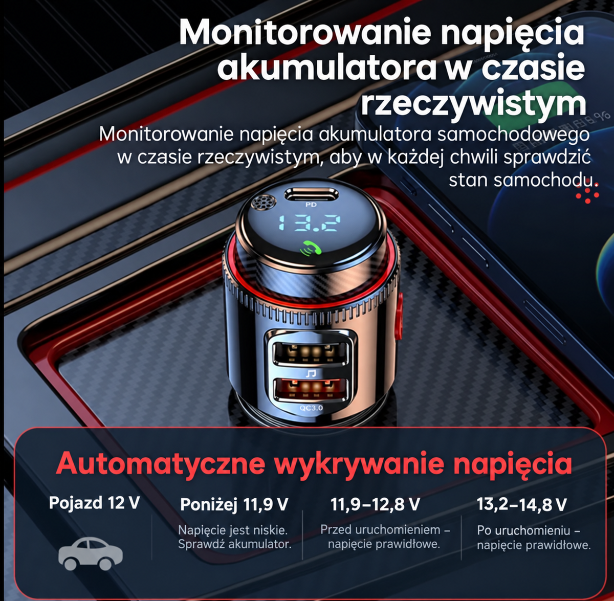 Bezprzewodowy Transmiter Samochodowy z Szybkim Ładowaniem i Woltomierzem