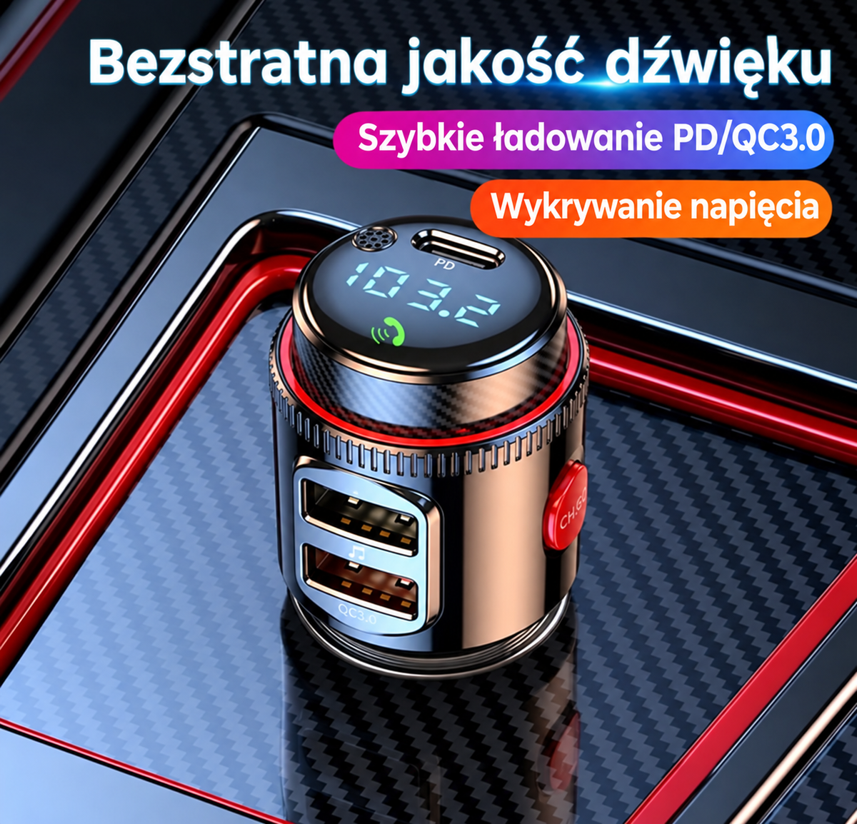 Bezprzewodowy Transmiter Samochodowy z Szybkim Ładowaniem i Woltomierzem